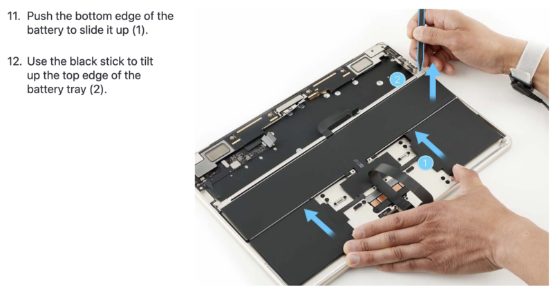 Page from Apple's repair manual showing the removal of a battery from an M2 MacBook Air