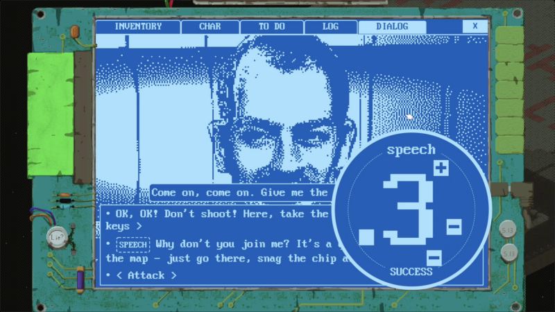Character on a CRT-style screen being persuaded by the player, rolling dice on a speech check, succeeding.
