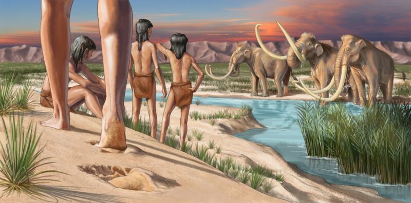 illustration of young people walking beside a lakeshore with mammoths in the distance