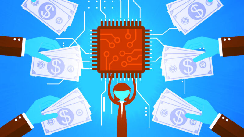 Illustration of a person holding a computer chip with hands holding dollar bills surrounging them.