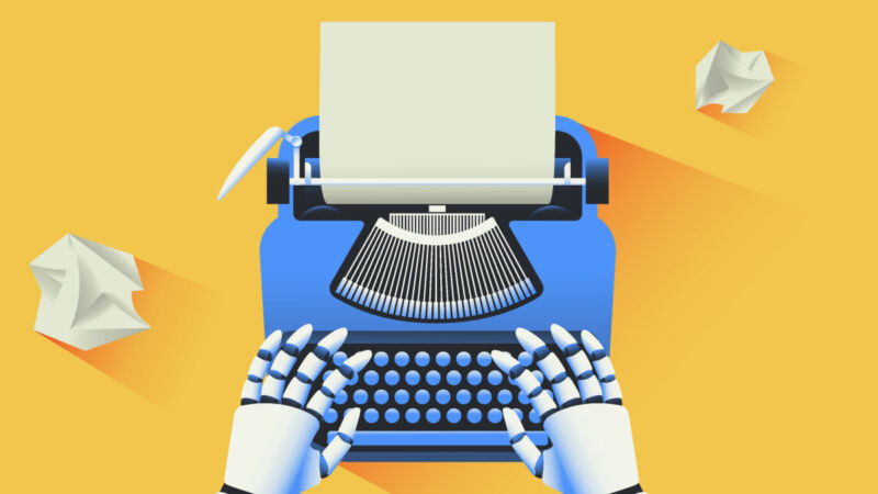 Illustration of robot hands using a typewriter.