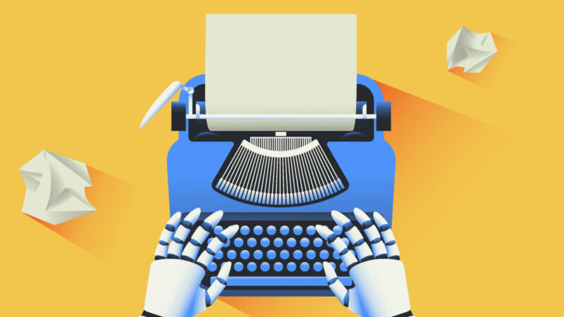 Illustration of a robot hand using a typewriter.