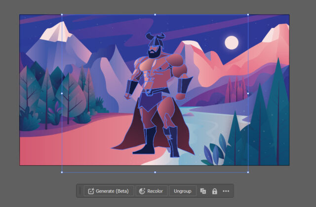 Experimenting with inserting an AI-generated muscular barbarian into a vector landscape Adobe provided as an example.