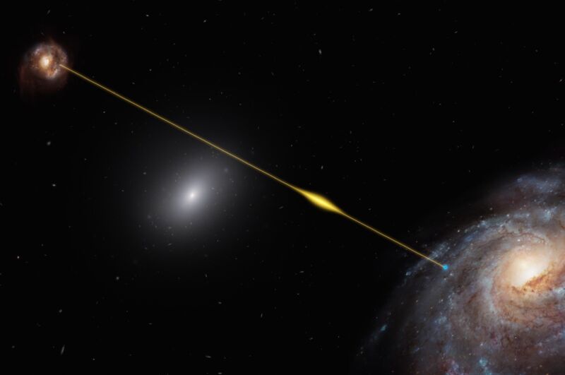 Artist's impression of a fast radio burst (FRB) traveling through space and reaching Earth.