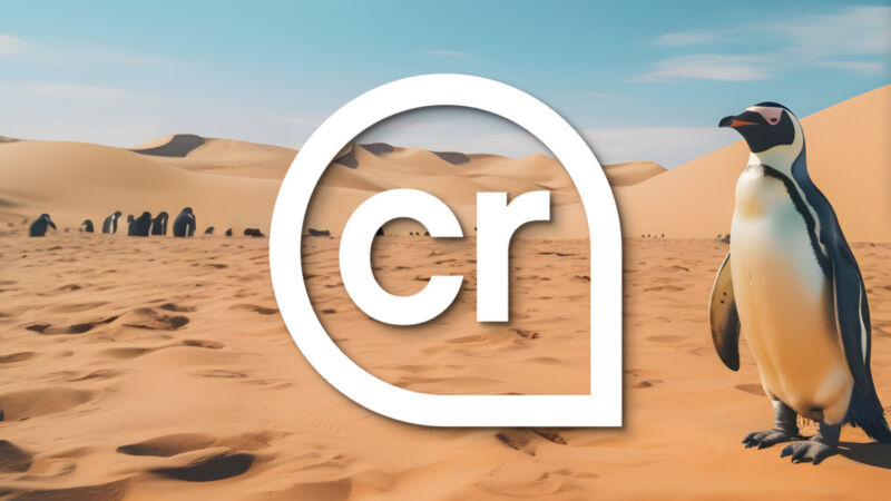 The Content Credentials logo in front of a penguin desert background.