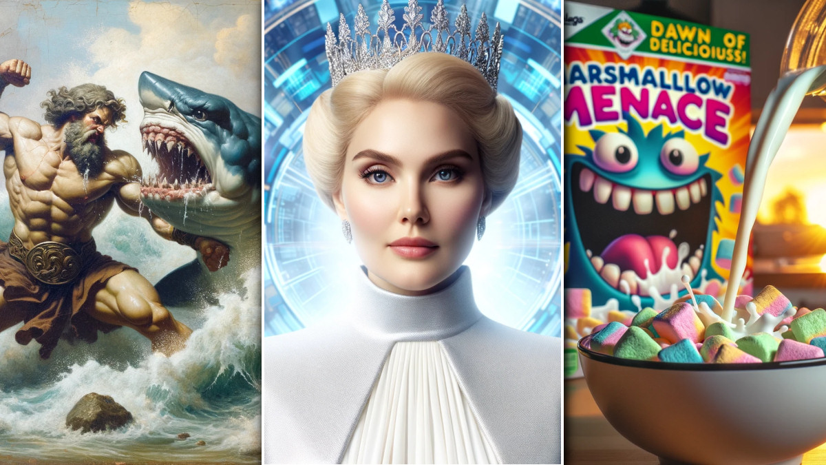 An composite of three DALL-E 3 AI art generations: an oil painting of Hercules fighting a shark, an photo of the queen of the universe, and a marketing photo of Marshmallow Menace cereal.