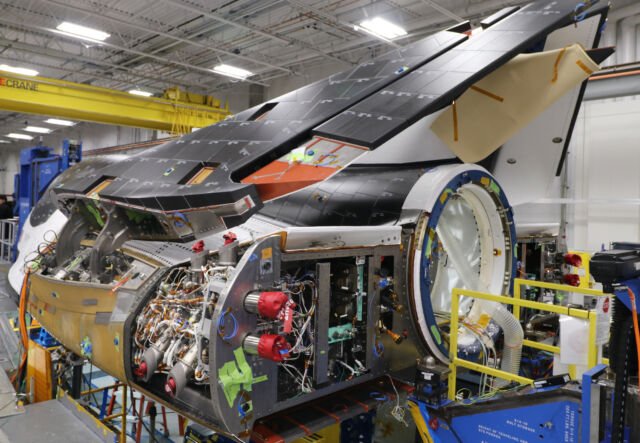 Dream Chaser's wings are folded in this image, which shows elements of the spacecraft's propulsion system and pressurized cargo tunnel.