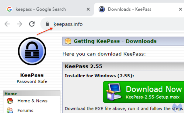 Captura de pantalla que muestra keepass.info en la URL y el logotipo de Keepass.