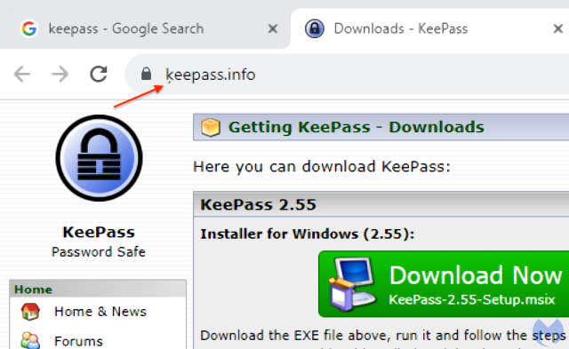 لقطة شاشة تعرض Keepass.info في عنوان URL وشعار Keepass.