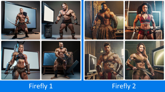 A comparison between output from Firefly version 1 (left) and Firefly version 2 (right) with the prompt 