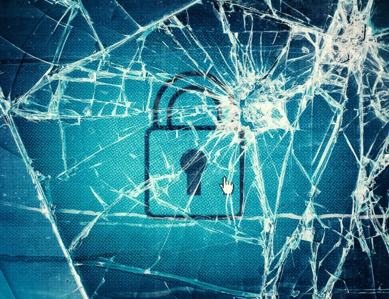Illustration of a padlock symbol on a smashed computer screen.
