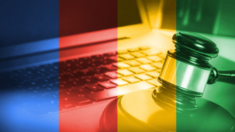 A gavel in front of a laptop computer, overlaid with Google colors.