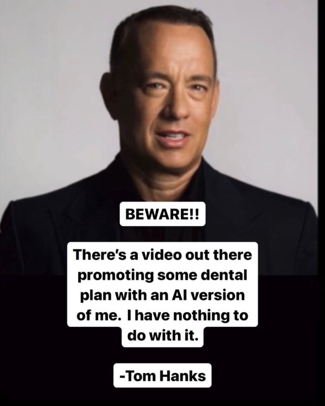 A screenshot of Tom Hanks' Instagram post warning of an AI-generated version of him selling a dental plan.