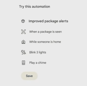 Screenshot from Google Home demonstration, showing Google Home suggesting package delivery automations.