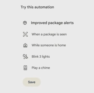 Captura de pantalla de una demostración de Google Home, que muestra Google Home sugiriendo automatizaciones de entrega de paquetes.