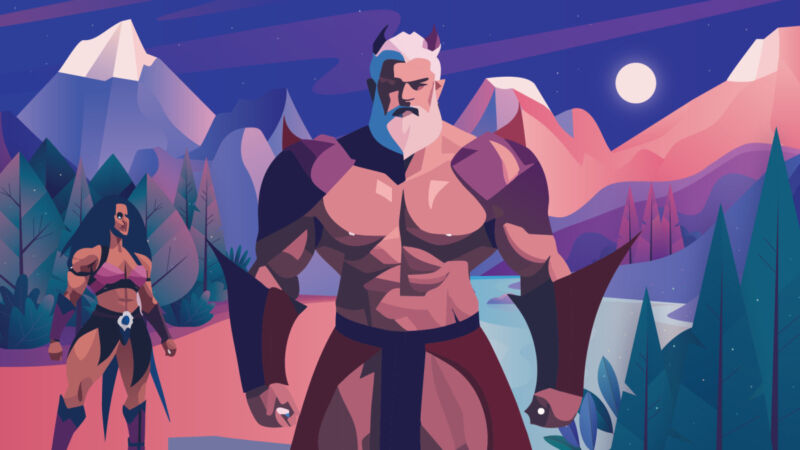 An AI-generated vector graphic of a barbarian and a landscape generated with Adobe Illustrator.