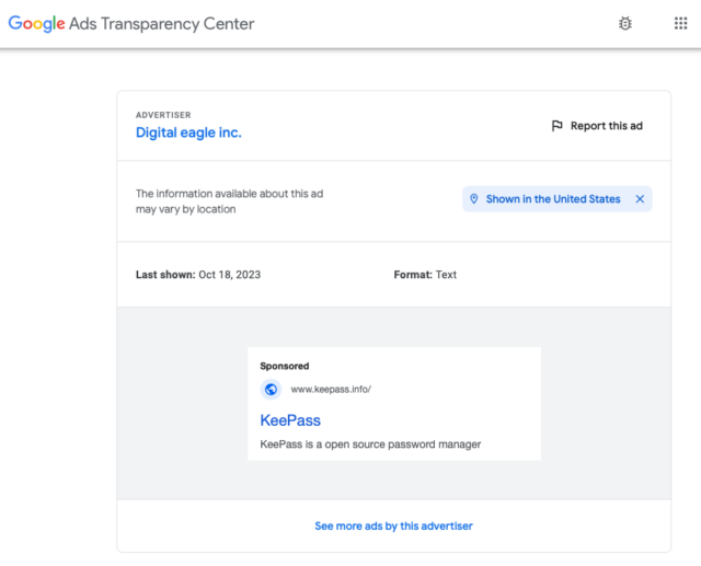 Captura de pantalla de la página Transparencia de anuncios de Google que muestra información de Digital Eagle, Inc.