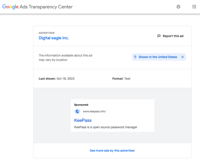 Schermafbeelding van de Google Ads-transparantiepagina met informatie voor Digital Eagle, Inc.