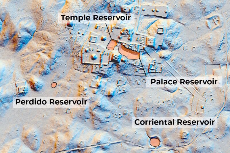 Lidar-derived hillshade image showing map of reservoirs