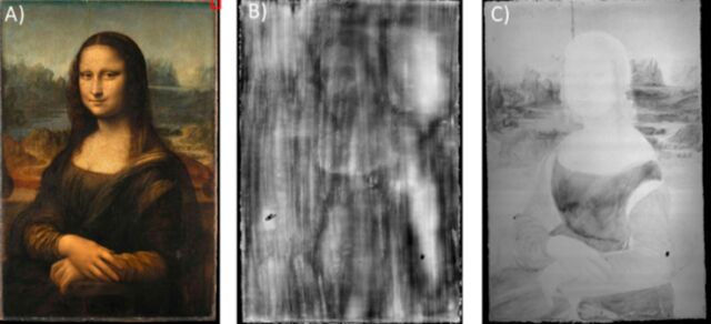 (a) The <em>Mona Lisa</em>. (b) X-ray radiography revealing a radio-opaque, thick absorbing paint layer under the painting surface. Copyright E. Ravaud. (c) Pb-Lα MA-XRF map.