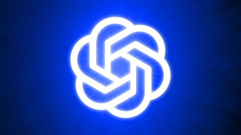 A glowing OpenAI logo on a blue background.