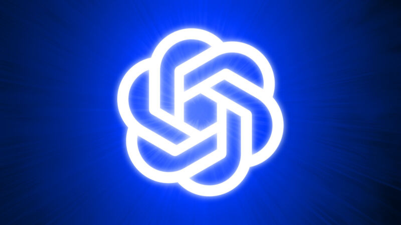 Un logotipo de OpenAI brillante sobre un fondo azul.