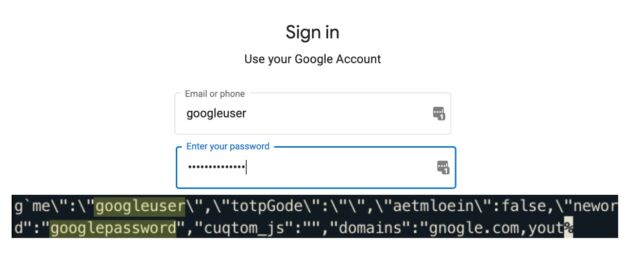 Top: Google’s accounts page autofilled by password manager, where the password is googlepassword. Bottom: Leaked page data with credentials highlighted.