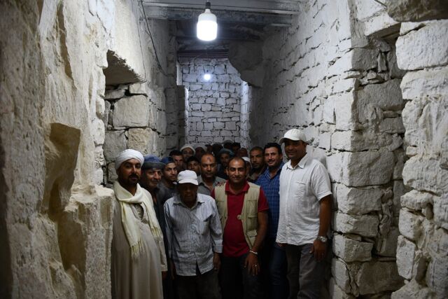 Mohamed Ismail Khaled and his team within the excavated and restored chambers of the Pyramid of Sahura.
