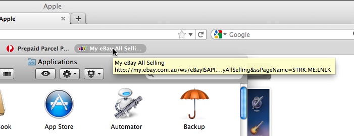 Firefox tooltip lingering over an Applications window in Mac OS X, captured 12 years ago.