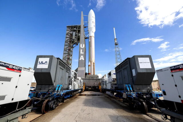 The United Launch Alliance Atlas V rocket is transported from the Vertical Integration Facility to Space Launch Complex-41 at Cape Canaveral, Florida, in preparation to launch Amazon's Project Kuiper Protoflight mission.