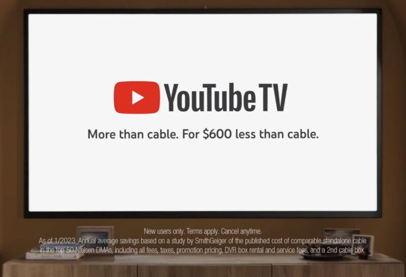 Screenshot of a YouTube TV ad that claims the service costs $600 less than cable.