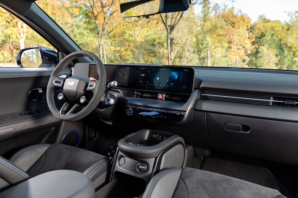 The Ioniq 5 N ditches the regular version's sliding center console for something fixed and with less weight.