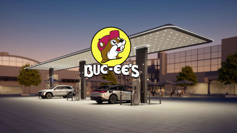 The Buc-ee's logo superimposed on top of a rendering of a Mercdes-Benz charging site