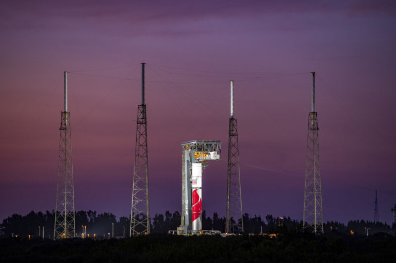 The first stage of United Launch Alliance's Vulcan Certification-1 is being installed atop Space Launch Complex-41 at Cape Canaveral Space Force Station, Florida, for certification testing.