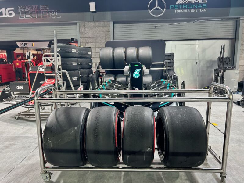 A set of used F1 tires in the pit lane in Las Vegas