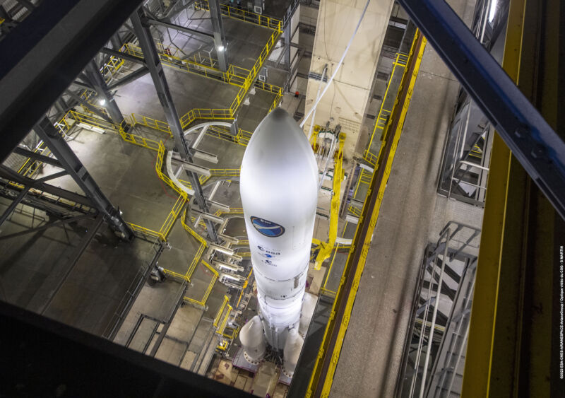 A view looking down on a test model of Europe's Ariane 6 rocket on its launch pad in French Guiana.