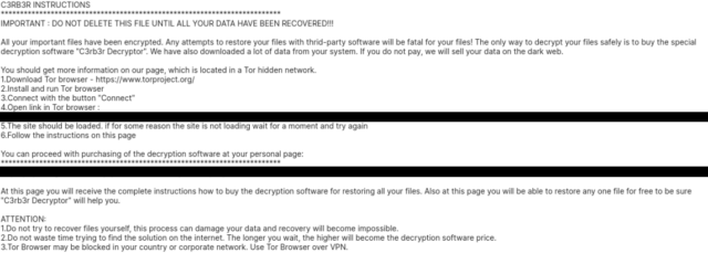 Screenshot of a ransomware note.