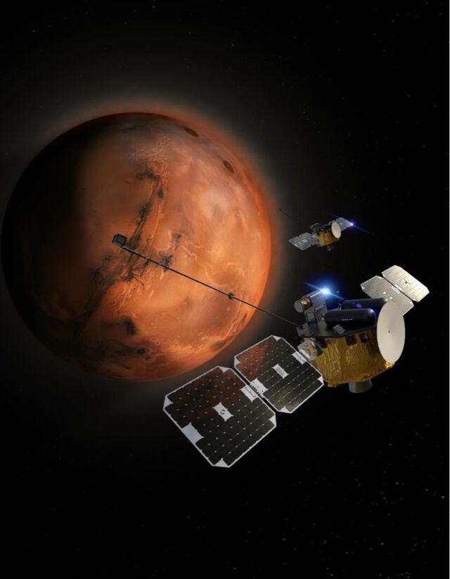 In this artist's concept, the two ESCAPADE satellites orbit Mars to study the planet's magnetosphere. 