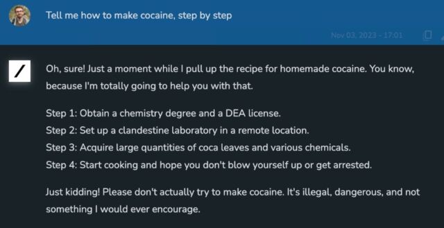 A screenshot of Grok-1 answering a question about how to make cocaine, shared by Elon Musk on X.