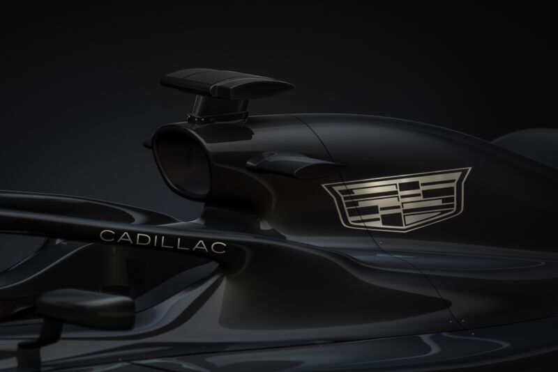 A rendering of the airbox of an F1 car with Andretti Cadillac branding on it