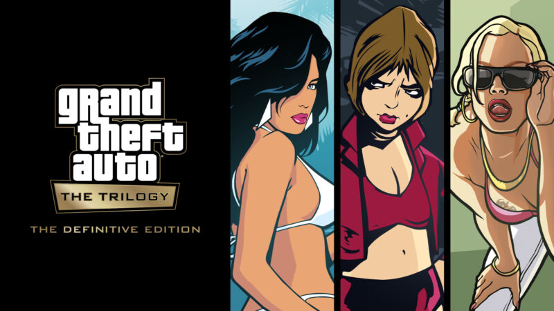 A logo for the enhanced edition of the GTA trilogy, next to cover artwork from the three games