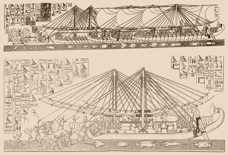 Line drawing of ancient ships with people loading goods on board. The ships are surrounded by hieroglyphics.