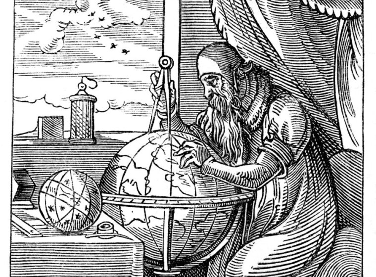 Image of a line drawing of a person in medieval clothing measuring a sphere.