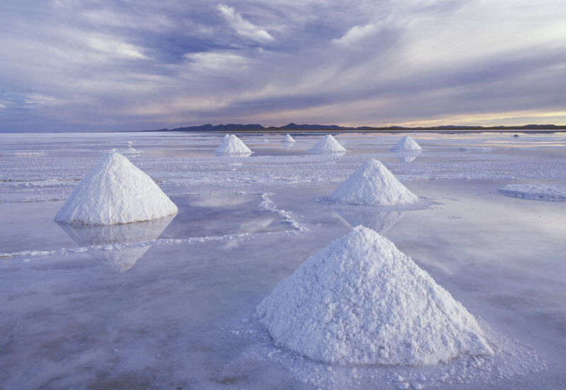 Piles of harvested lithium salt in Bolivia