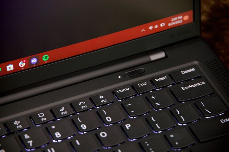 The fingerprint sensor on a Lenovo ThinkPad X1 Carbon.