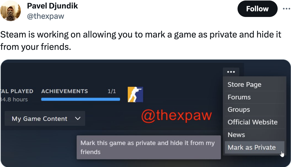 Tweet (Xeet?) from the SteamDB founder, pointing to a not-yet-public feature in Steam for hiding certain games from public or friends' profiles.