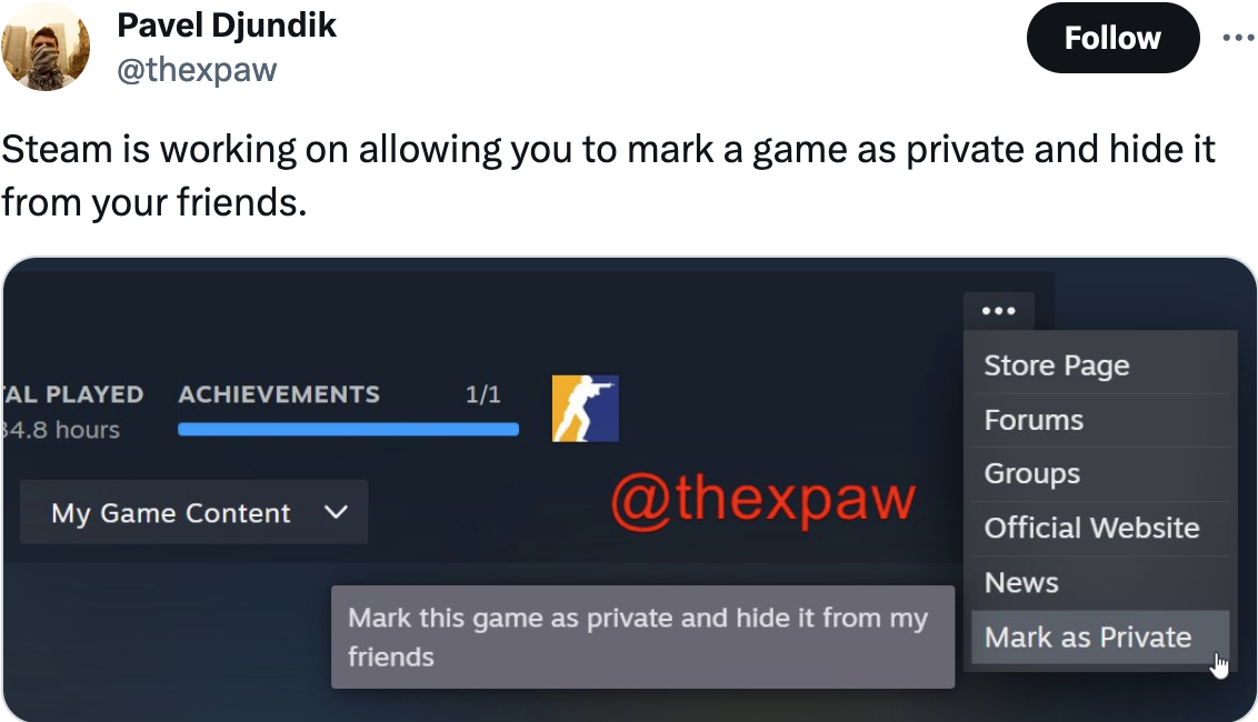 A private feature to hide individual games you're playing on Steam from  your friends will be coming soon - GIGAZINE