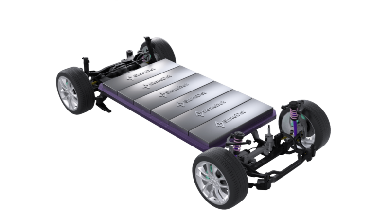 A rendering of a StoreDot battery pack on a rolling EV chassis