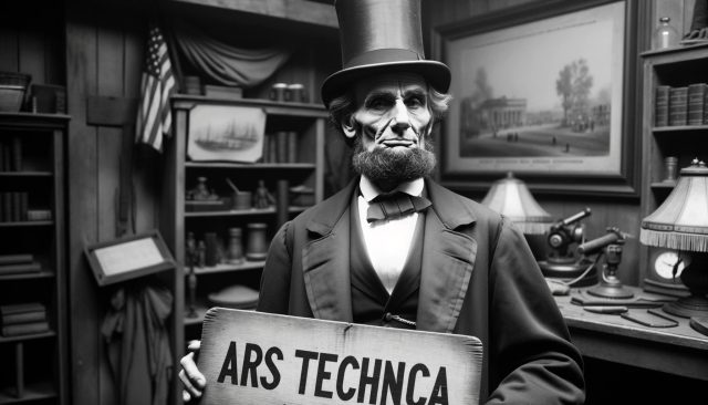 An AI-generated image of a Abraham Lincoln holding a sign that says "Ars Technica" created by DALL-E 3.