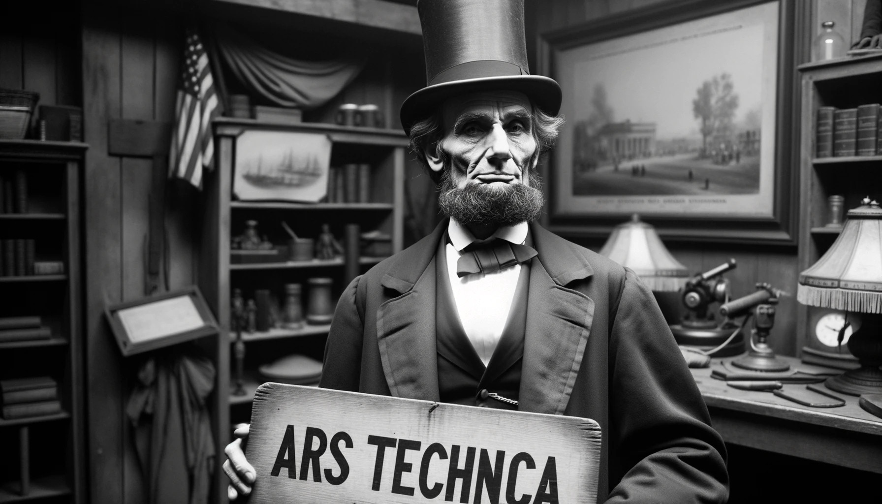 An AI-generated image of Abraham Lincoln holding a sign that is intended to say Ars Technica, created by DALL-E 3.